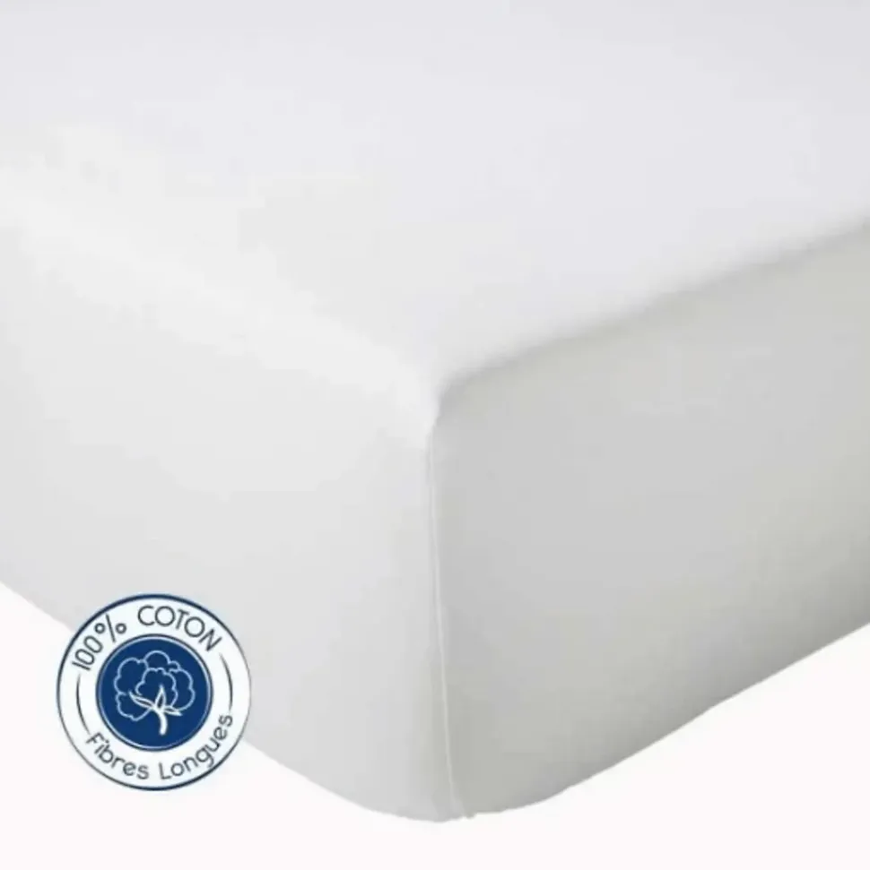 Drap Housse Uni bonnet 30 cm 100% Coton (180x190 cm - Blanc)