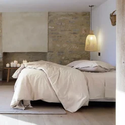 Drap housse uni 180x200 cm bonnet 35 cm percale de coton MANOIR beige Lin