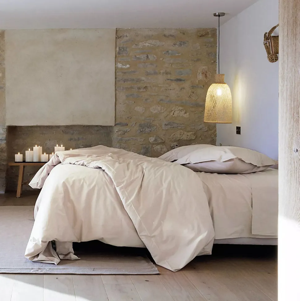 Drap housse uni 120x190 cm bonnet 35 cm percale de coton MANOIR beige Lin