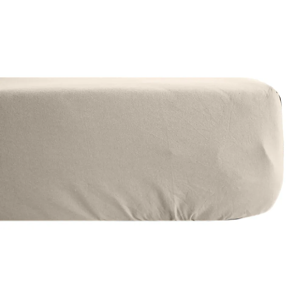 Drap housse uni 120x190 cm bonnet 35 cm percale de coton MANOIR beige Lin
