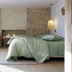 Drap housse uni 90x200 cm bonnet 35 cm percale de coton MANOIR vert Lichen