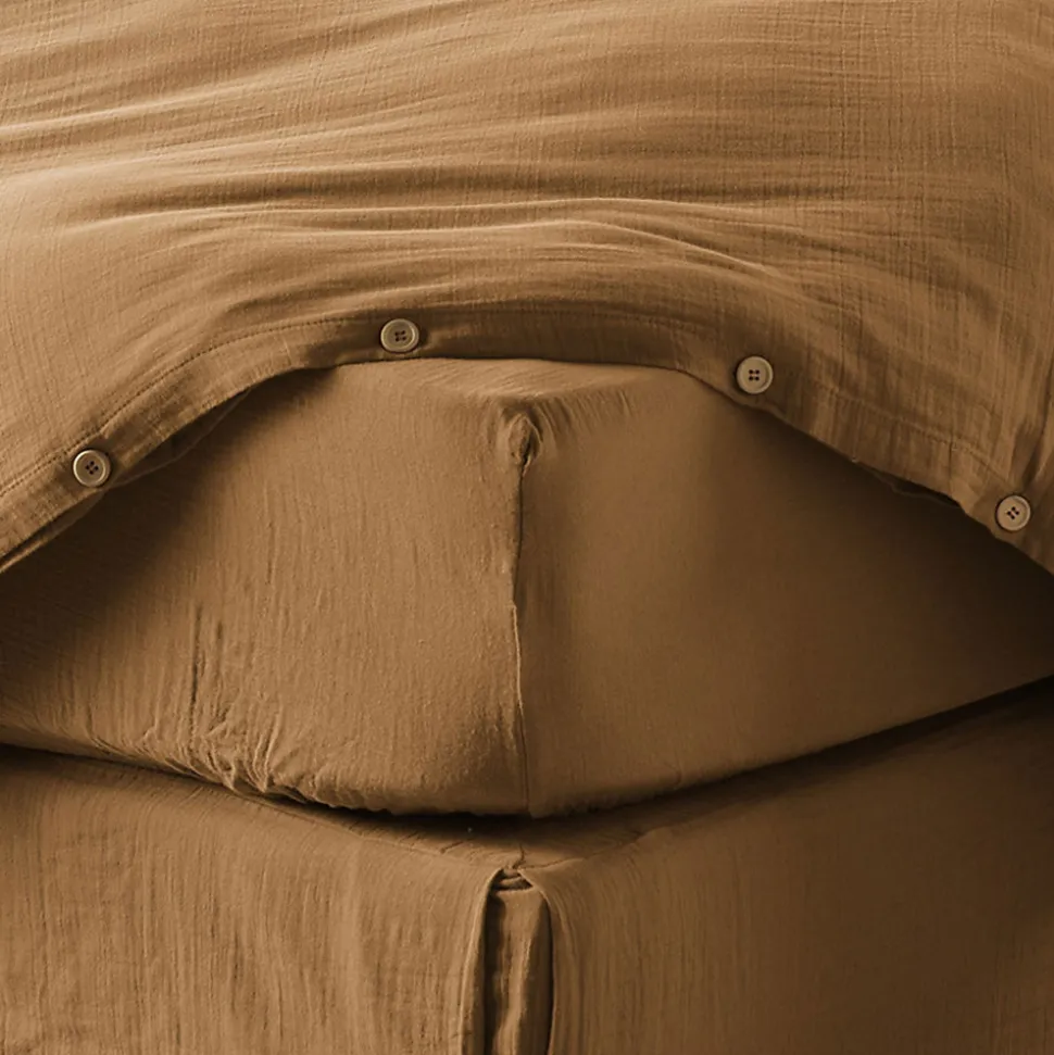 Drap housse 160x200 cm en Gaze de coton Camel