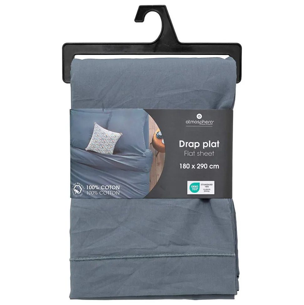 Drap plat Carina en coton 180x290cm bleu orage - Atmosphera