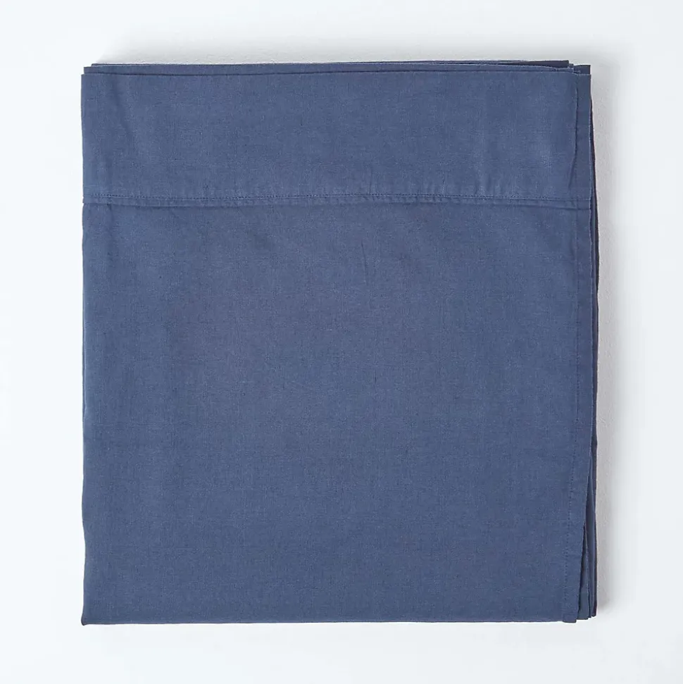 Drap plat en lin lavé bleu marine, 240x275 cm - HOMESCAPES
