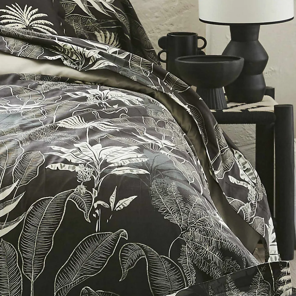 Drap plat en satin aux feuilles tropicales (280x325 cm - Gris anthracite)