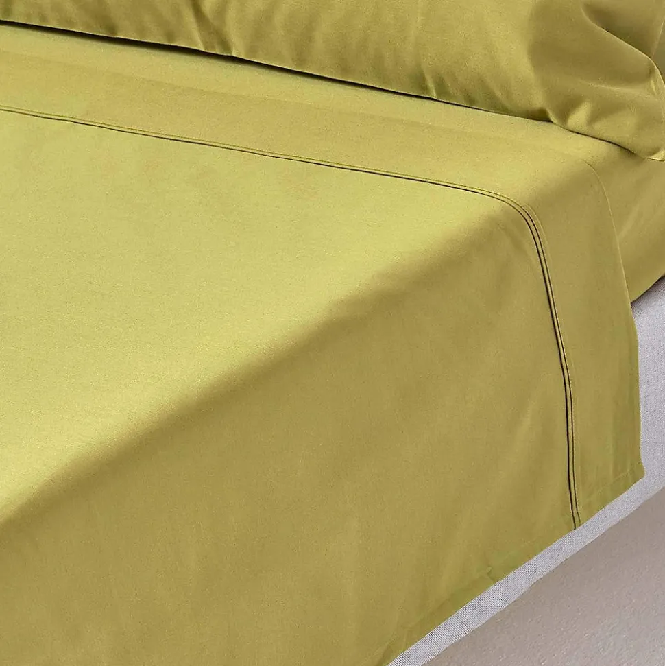 Drap plat en satin de coton égyptien 1000 fils vert olive, 180x290 cm - HOMESCAPES