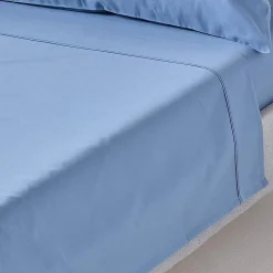 Drap plat en satin de coton égyptien 1000 fils bleu, 180x290 cm - HOMESCAPES
