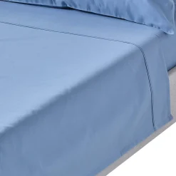 Drap plat en satin de coton égyptien 1000 fils bleu, 230x255 cm - HOMESCAPES