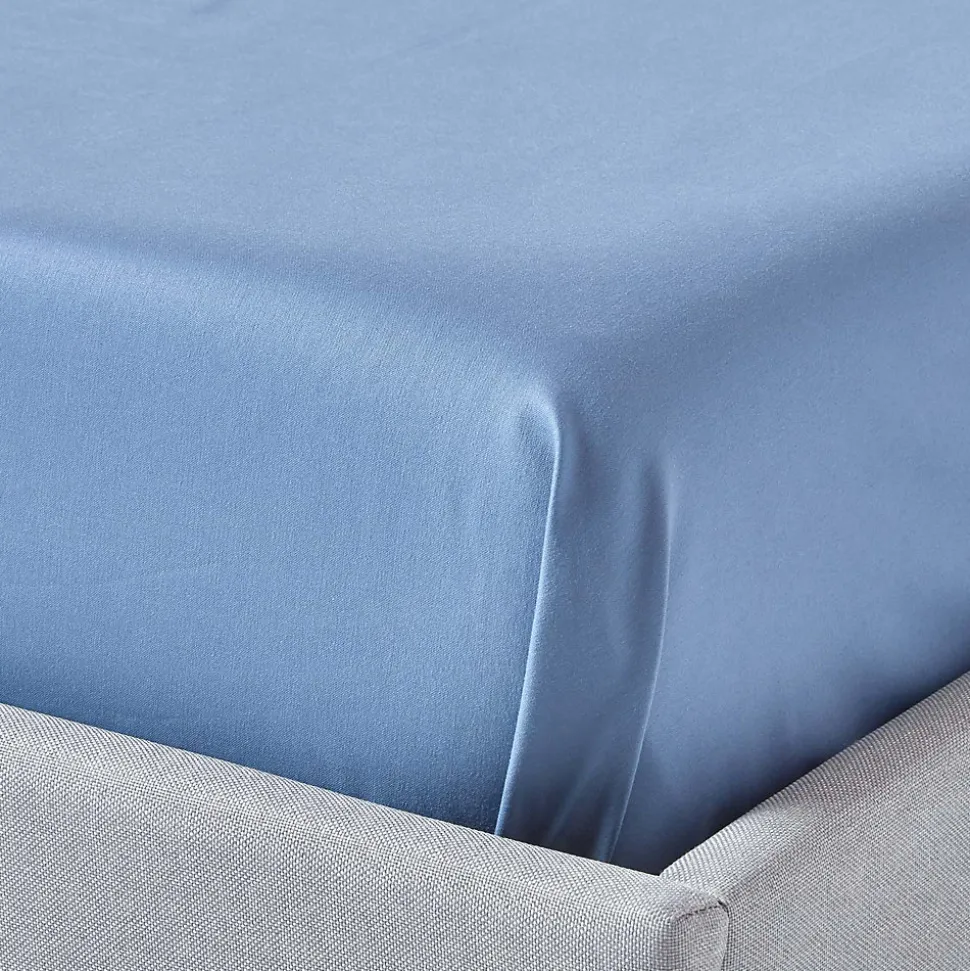 Drap plat en satin de coton égyptien 1000 fils bleu, 230x255 cm - HOMESCAPES