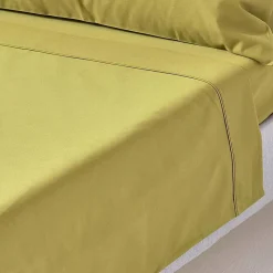 Drap plat en satin de coton égyptien 1000 fils vert olive, 240x300 cm - HOMESCAPES