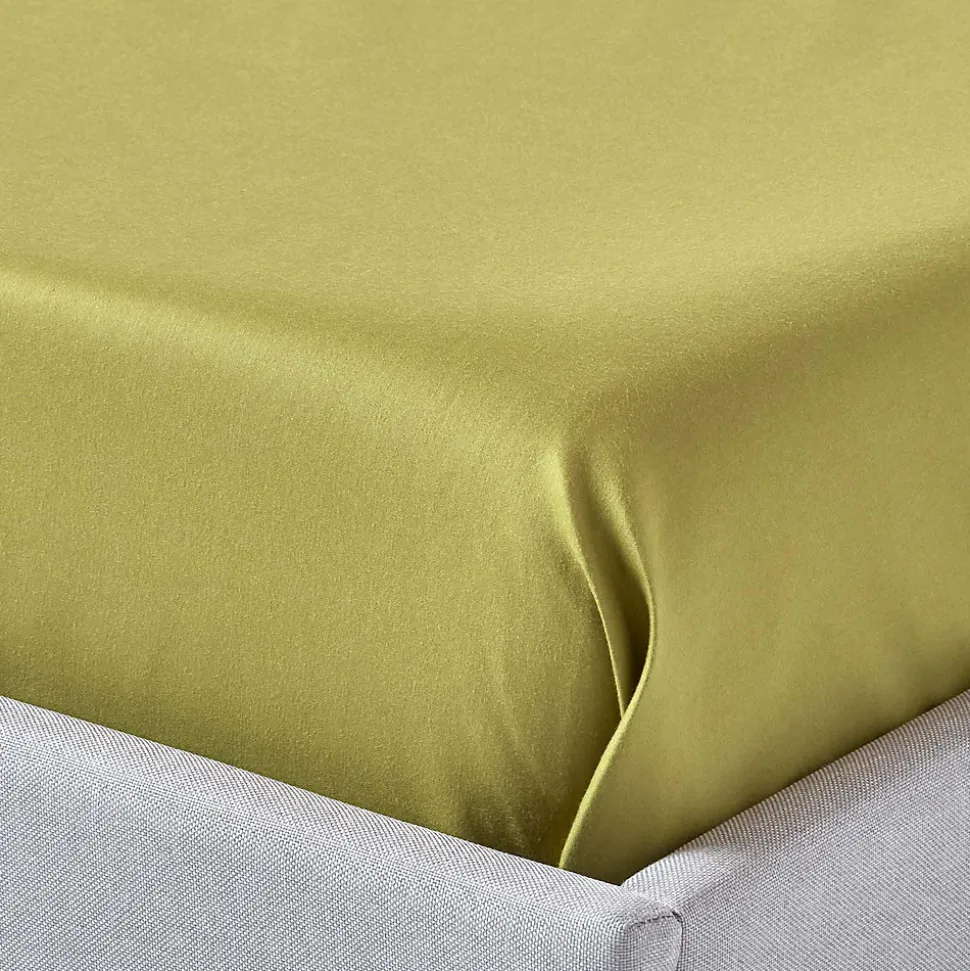 Drap plat en satin de coton égyptien 1000 fils vert olive, 275x275 cm - HOMESCAPES