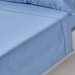 Drap plat en satin de coton égyptien 1000 fils bleu, 240x300 cm - HOMESCAPES