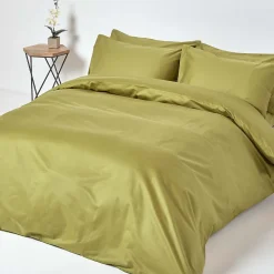 Drap plat en satin de coton égyptien 1000 fils vert olive, 230x255 cm - HOMESCAPES