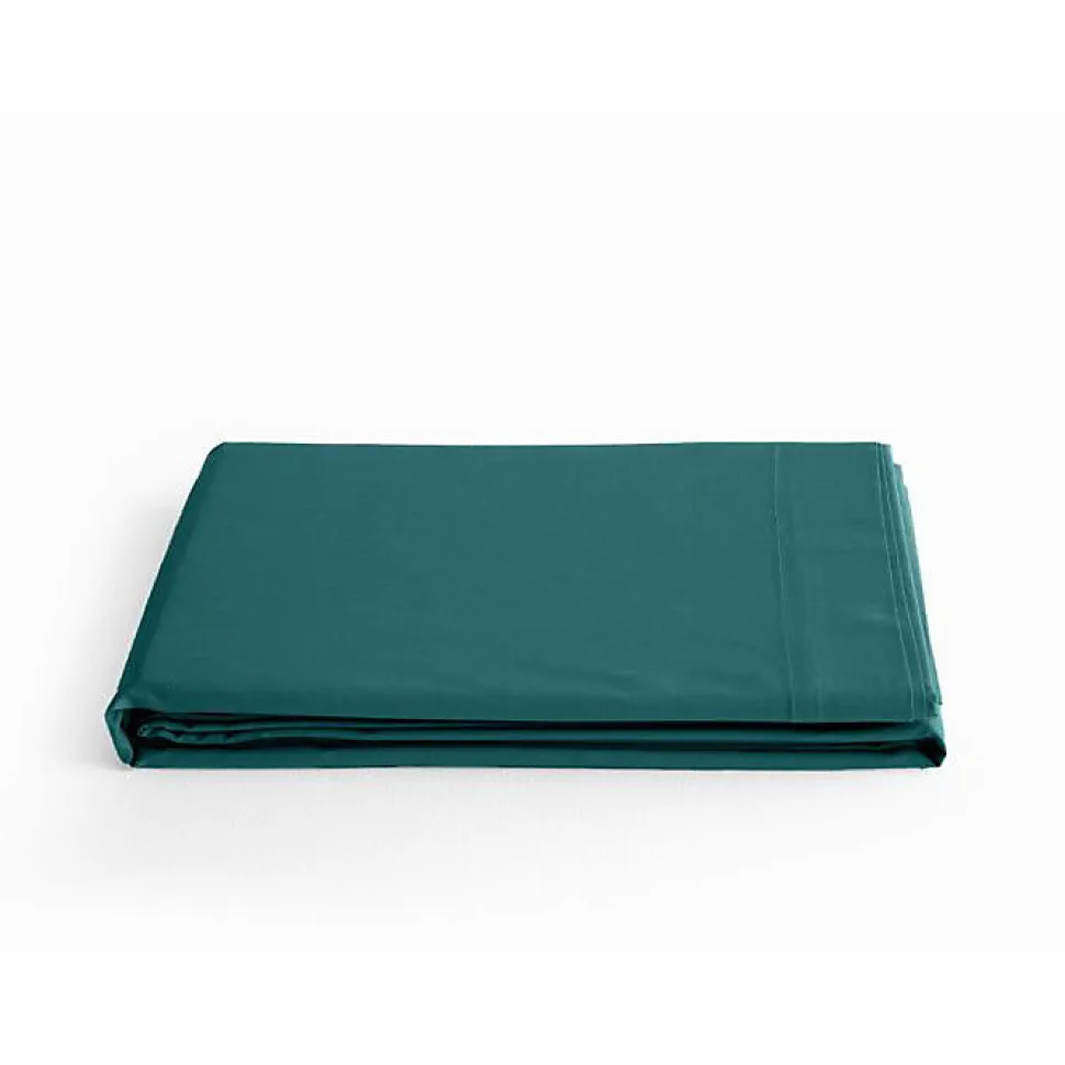 Drap plat percale pur coton peigné longues fibres 80 fils/cm² Vent du sud - Bleu canard - 240 x 300 cm pour lit 2 places