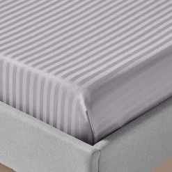 Drap plat satin rayé en coton égyptien 330 fils gris, 178x255 cm - HOMESCAPES