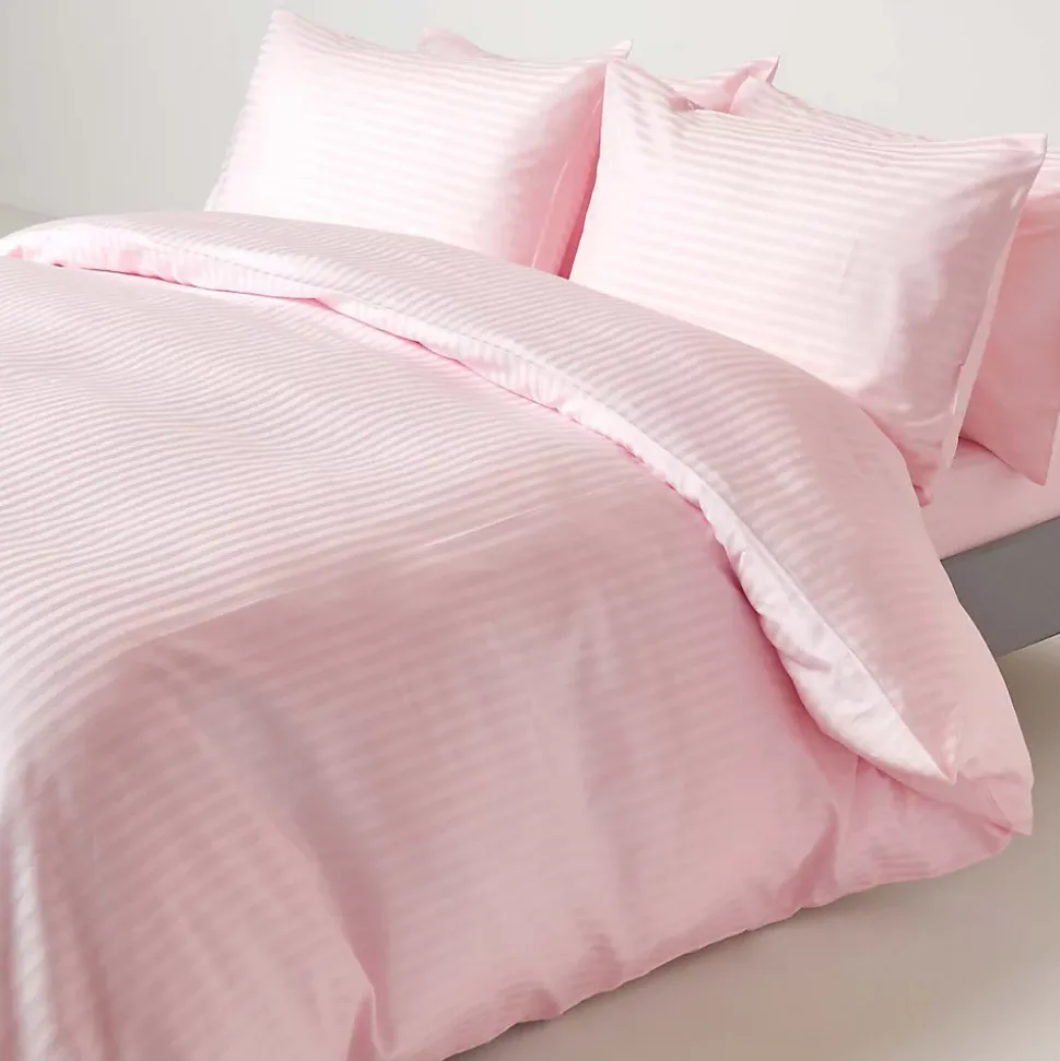 Drap plat satin rayé en coton égyptien 330 fils rose, 240x275 cm - HOMESCAPES