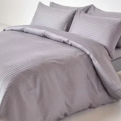 Drap plat satin rayé en coton égyptien 330 fils gris, 230x255 cm - HOMESCAPES