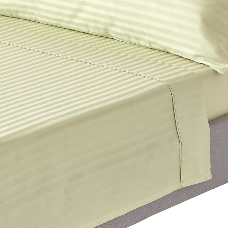 Drap plat satin rayé en coton égyptien 330 fils vert sauge, 180x290 cm - HOMESCAPES