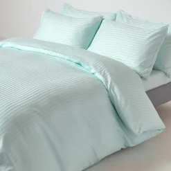 Drap plat satin rayé en coton égyptien 330 fils bleu, 240x300 cm - HOMESCAPES