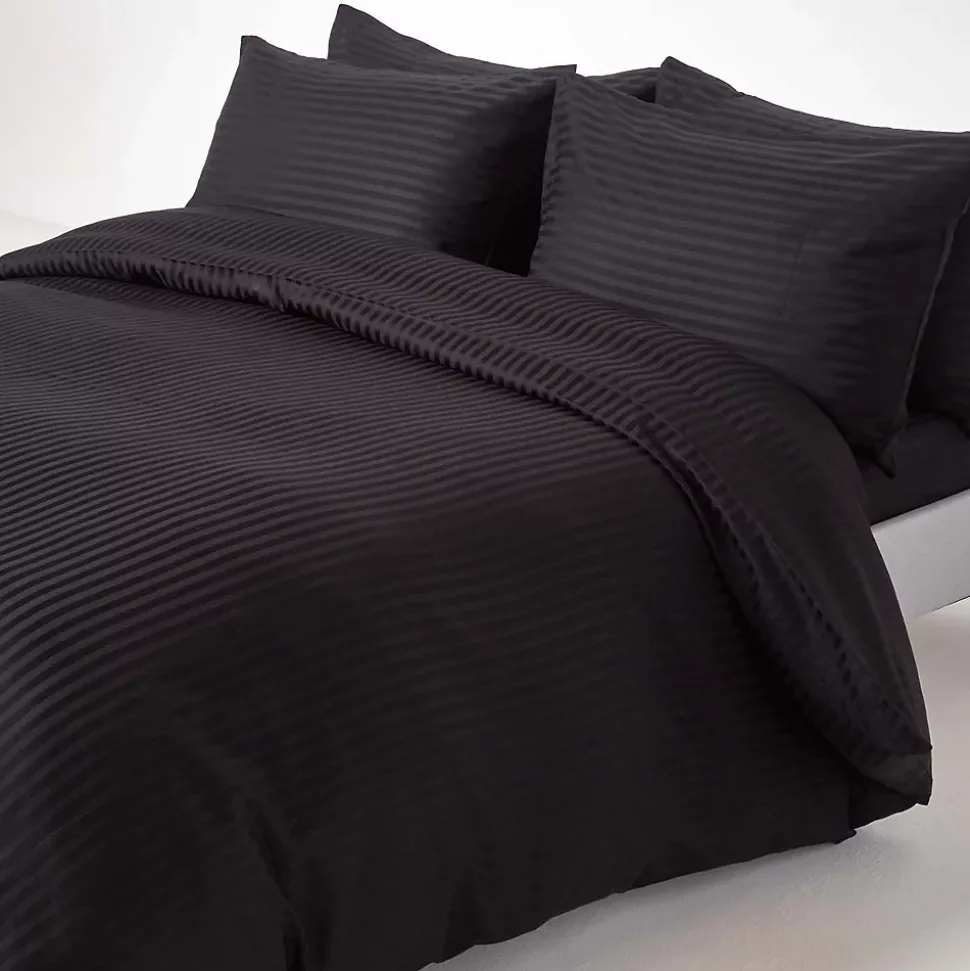 Drap plat satin rayé en coton égyptien 330 fils noir, 270x300 cm - HOMESCAPES