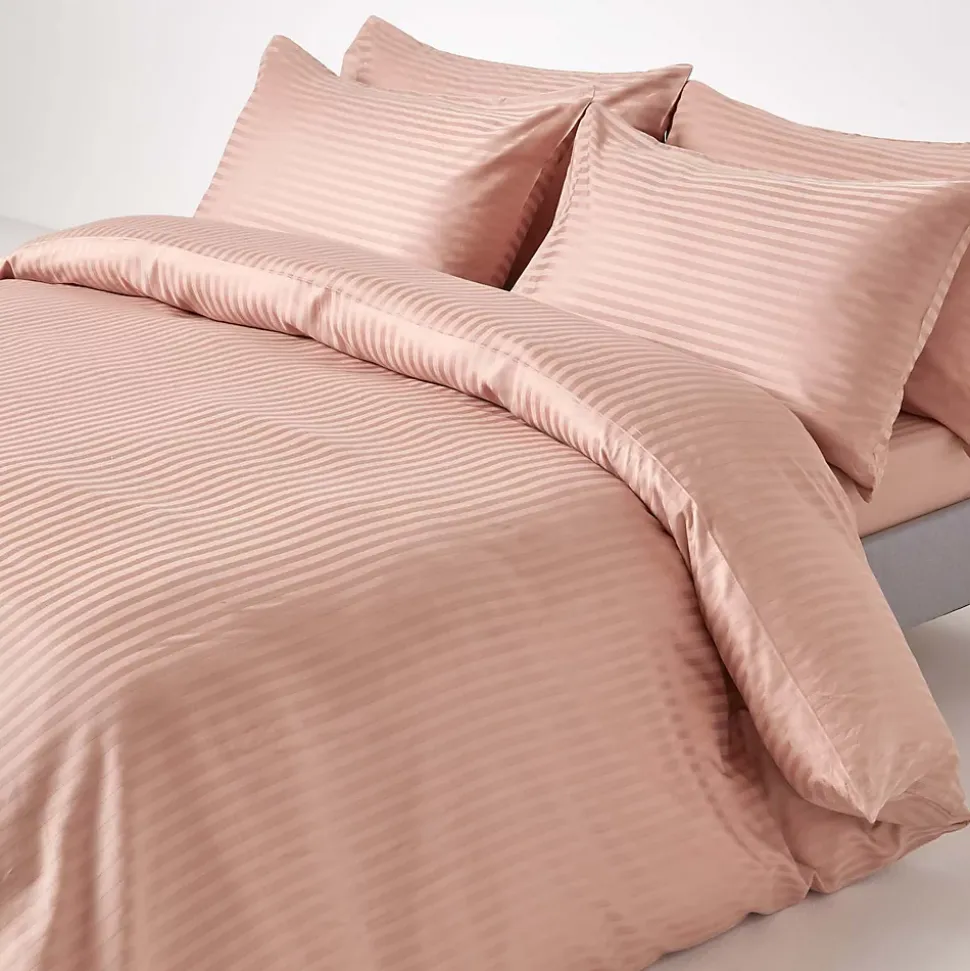 Drap plat satin rayé en coton égyptien 330 fils taupe, 230x255 cm - HOMESCAPES