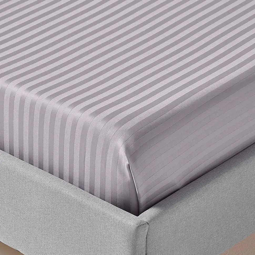 Drap plat satin rayé en coton égyptien 330 fils gris, 270x300 cm - HOMESCAPES