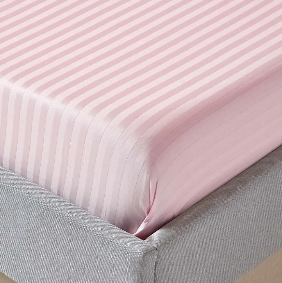 Drap plat satin rayé en coton égyptien 330 fils rose, 270x300 cm - HOMESCAPES