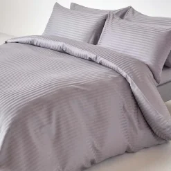Drap plat satin rayé en coton égyptien 330 fils gris, 275x275 cm - HOMESCAPES