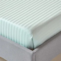 Drap plat satin rayé en coton égyptien 330 fils bleu, 180x290 cm - HOMESCAPES