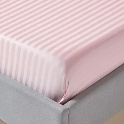 Drap plat satin rayé en coton égyptien 330 fils rose, 240x300 cm - HOMESCAPES