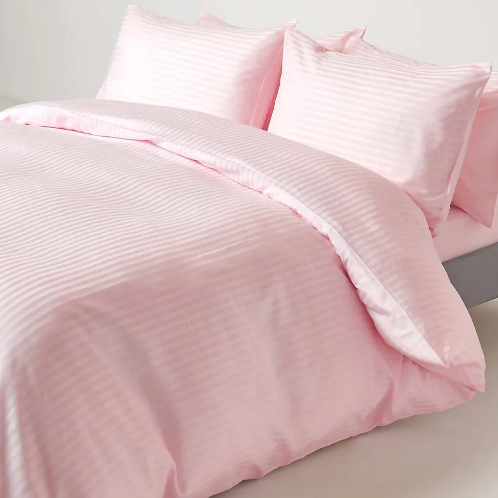 Drap plat satin rayé en coton égyptien 330 fils rose, 240x300 cm - HOMESCAPES