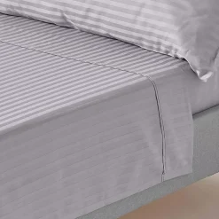 Drap plat satin rayé en coton égyptien 330 fils gris, 180x290 cm - HOMESCAPES