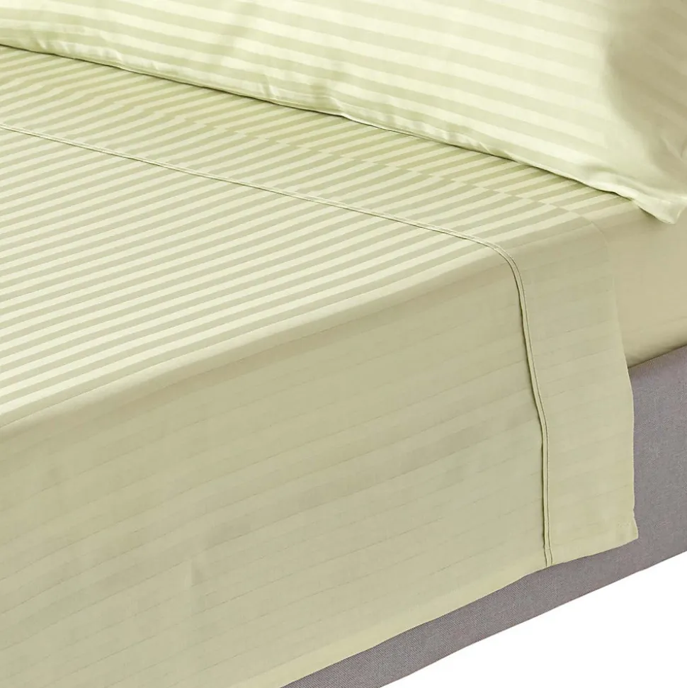 Drap plat satin rayé en coton égyptien 330 fils vert sauge, 178x255 cm - HOMESCAPES