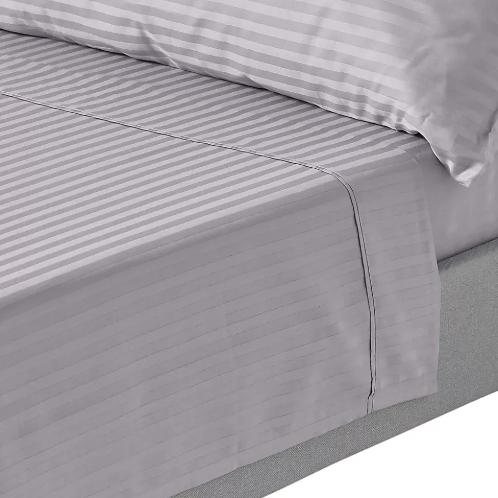Drap plat satin rayé en coton égyptien 330 fils gris, 240x275 cm - HOMESCAPES