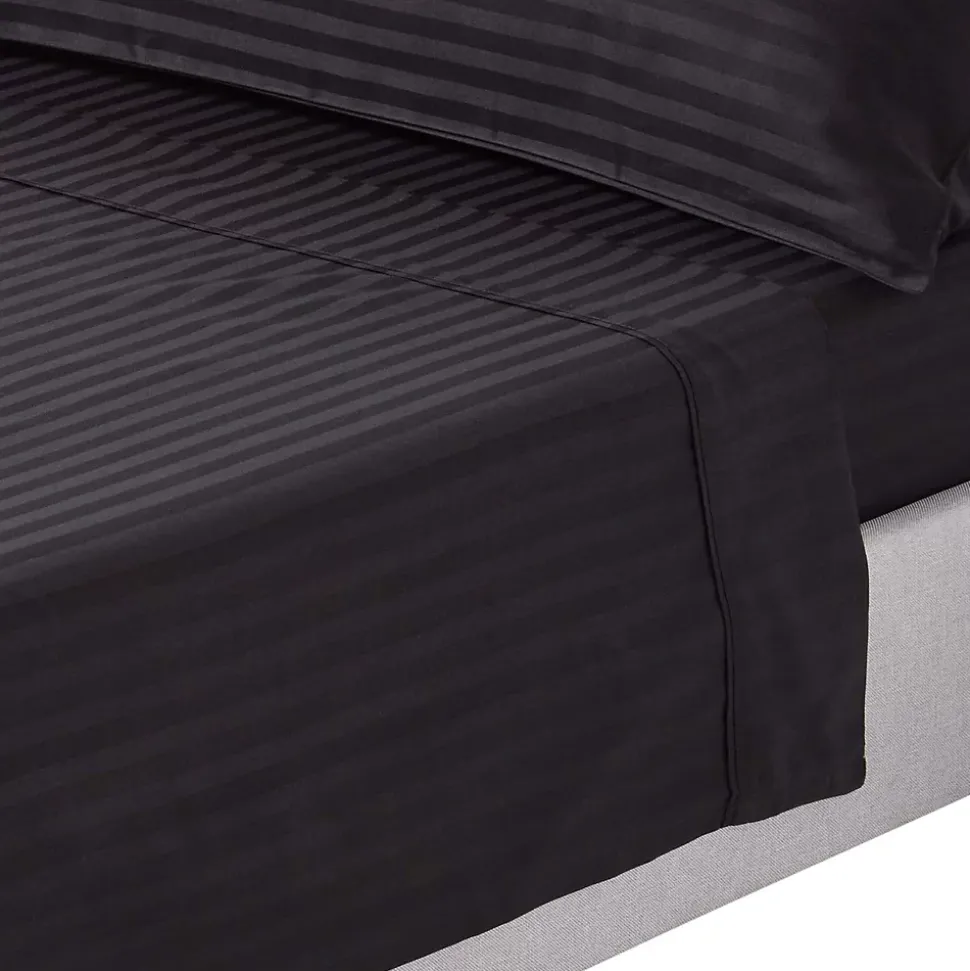 Drap plat satin rayé en coton égyptien 330 fils noir, 275x275 cm - HOMESCAPES