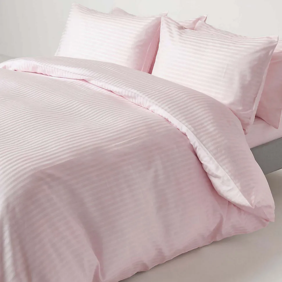 Drap plat satin rayé en coton égyptien 330 fils violet, 240x275 cm - HOMESCAPES