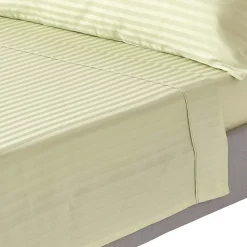 Drap plat satin rayé en coton égyptien 330 fils vert sauge, 230x255 cm - HOMESCAPES