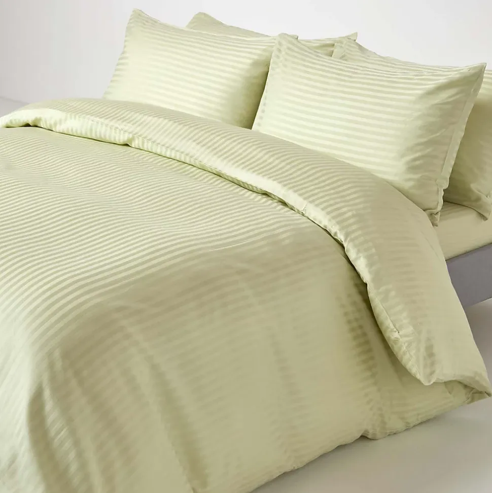 Drap plat satin rayé en coton égyptien 330 fils vert sauge, 230x255 cm - HOMESCAPES
