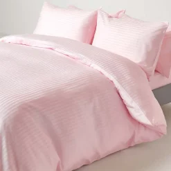 Drap plat satin rayé en coton égyptien 330 fils rose, 230x255 cm - HOMESCAPES