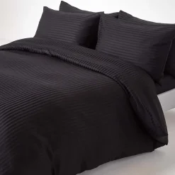 Drap plat satin rayé en coton égyptien 330 fils noir, 240x275 cm - HOMESCAPES