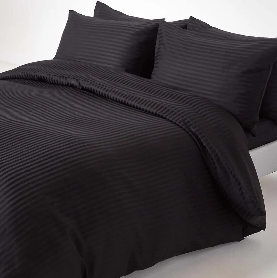 Drap plat satin rayé en coton égyptien 330 fils noir, 240x275 cm - HOMESCAPES