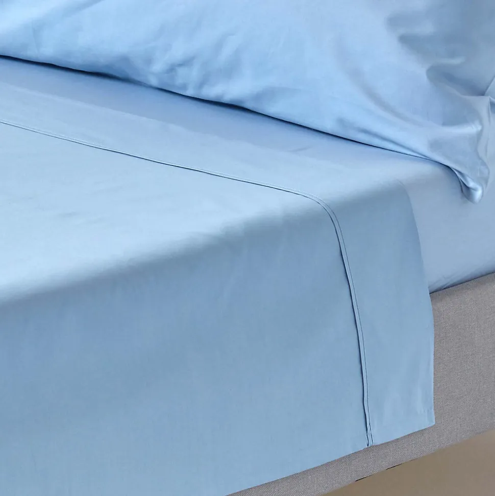 Drap plat uni 100 % coton égyptien 200 fils bleu, 178x255 cm - HOMESCAPES