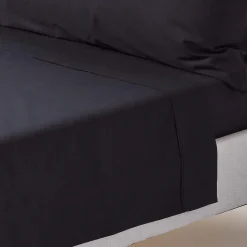 Drap plat uni 100 % coton égyptien 200 fils noir, 180x290 cm - HOMESCAPES