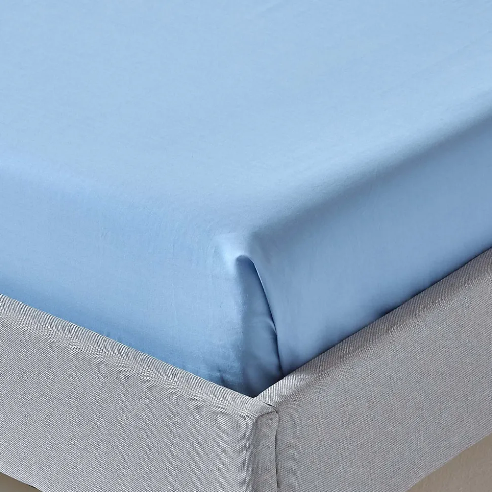Drap plat uni 100 % coton égyptien 200 fils bleu, 180x290 cm - HOMESCAPES