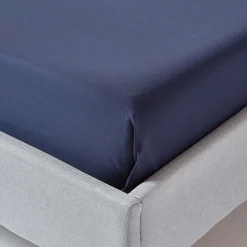 Drap plat uni 100 % coton égyptien 200 fils bleu marine, 180x290 cm - HOMESCAPES