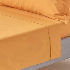 Drap plat uni 100 % coton égyptien 200 fils jaune moutarde, 275x275 cm - HOMESCAPES