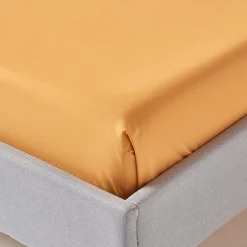 Drap plat uni 100 % coton égyptien 200 fils jaune moutarde, 275x275 cm - HOMESCAPES