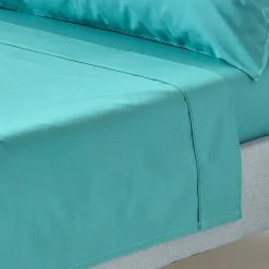 Drap plat uni 100 % coton égyptien 200 fils bleu canard, 178x255 cm - HOMESCAPES