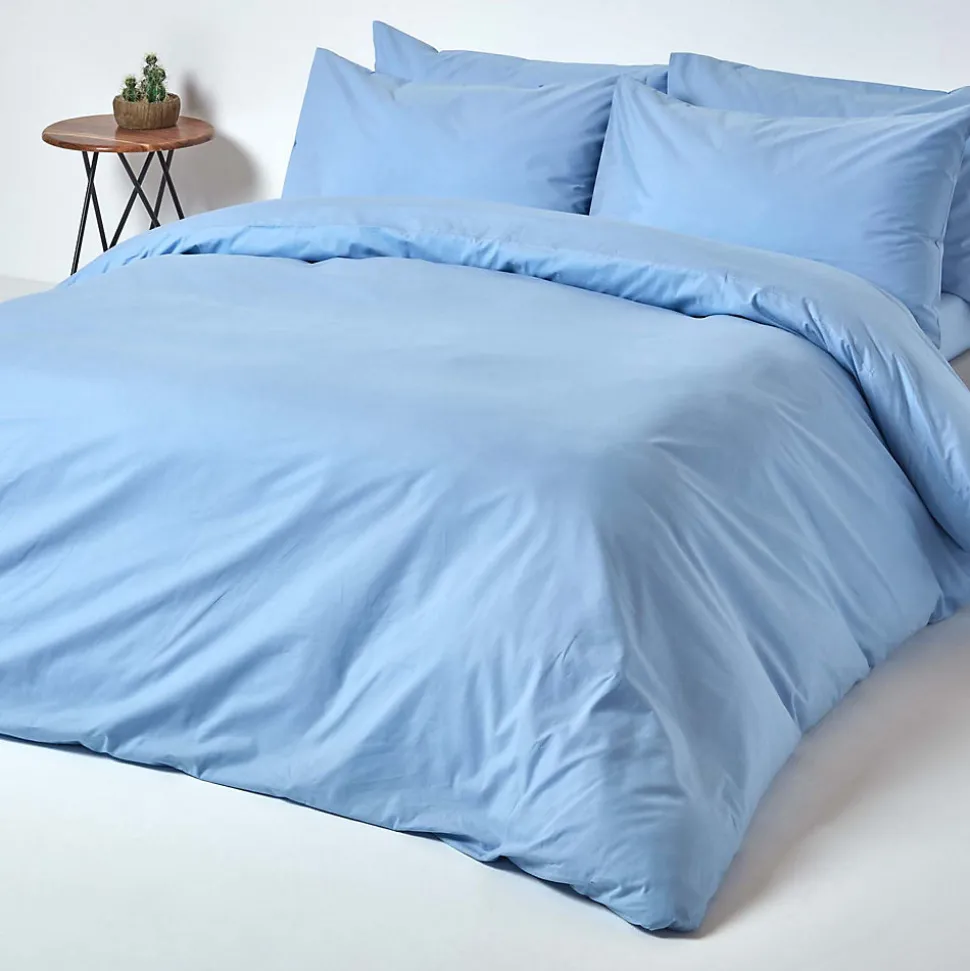 Drap plat uni 100 % coton égyptien 200 fils bleu, 240x275 cm - HOMESCAPES