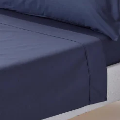 Drap plat uni 100 % coton égyptien 200 fils bleu marine, 240x275 cm - HOMESCAPES